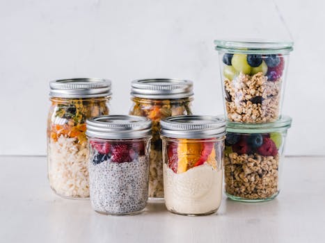 colorful breakfast options with fruits and grains