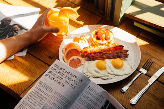 healthy breakfast plate with eggs and fruits